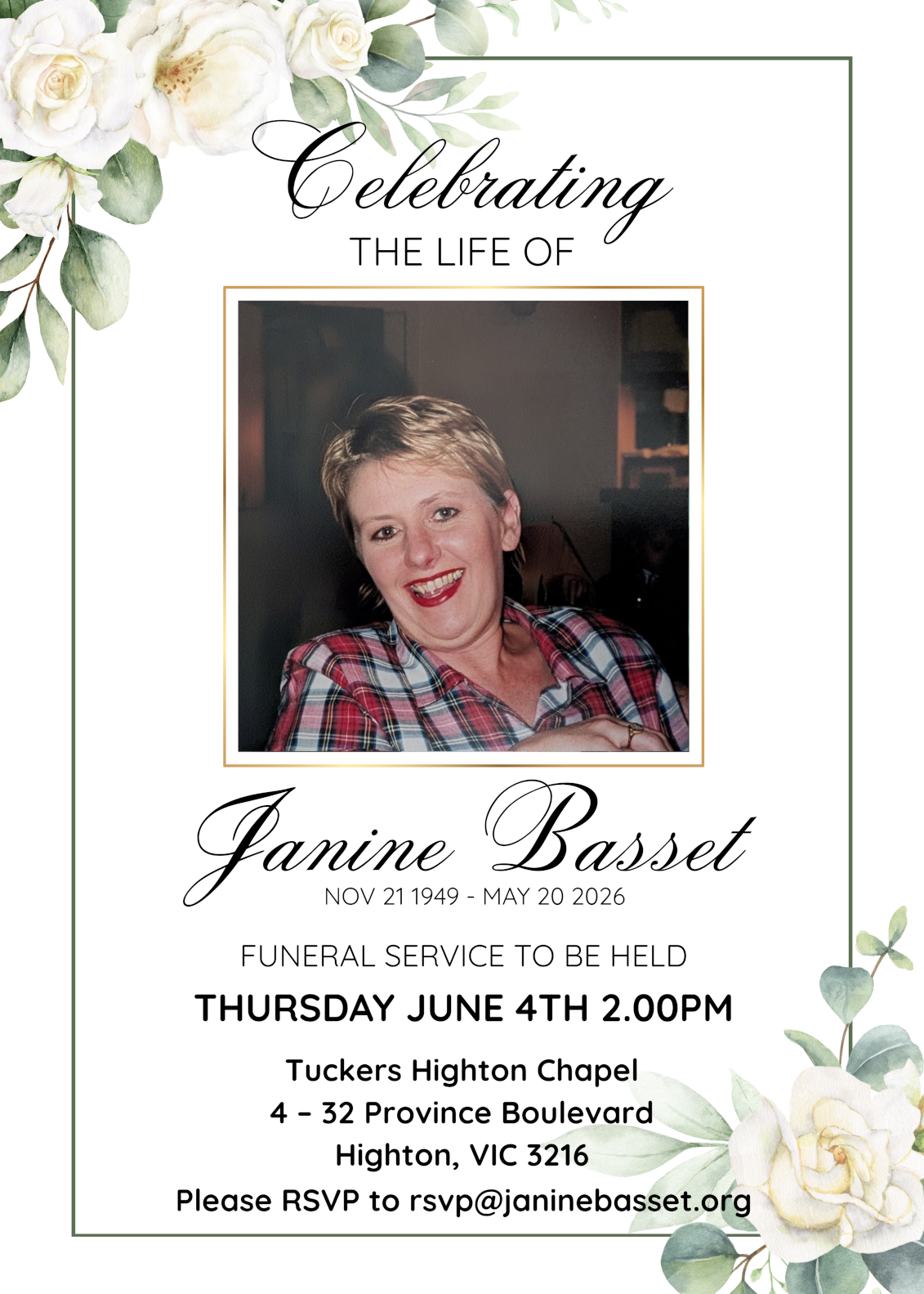 Funeral details and RSVP information for Janine Basset